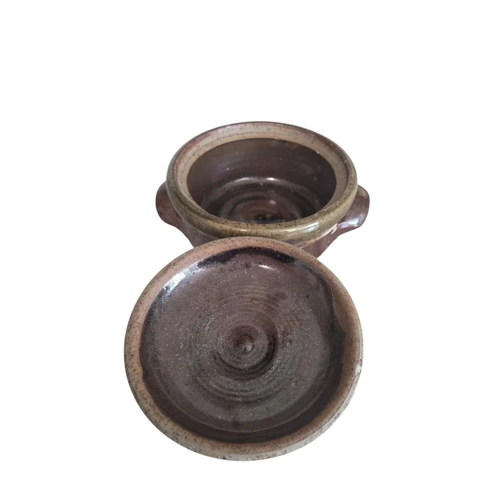 Vintage Small Glazed Stoneware‎ Art Pottery Bowl Covered Dish w/Lid Bizen Ware ?